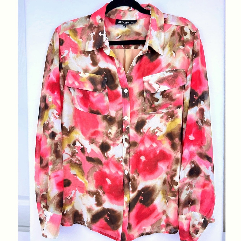 Jones New York Pink Abstract Floral Button Up Roll Tab Blouse 14 7213E4687